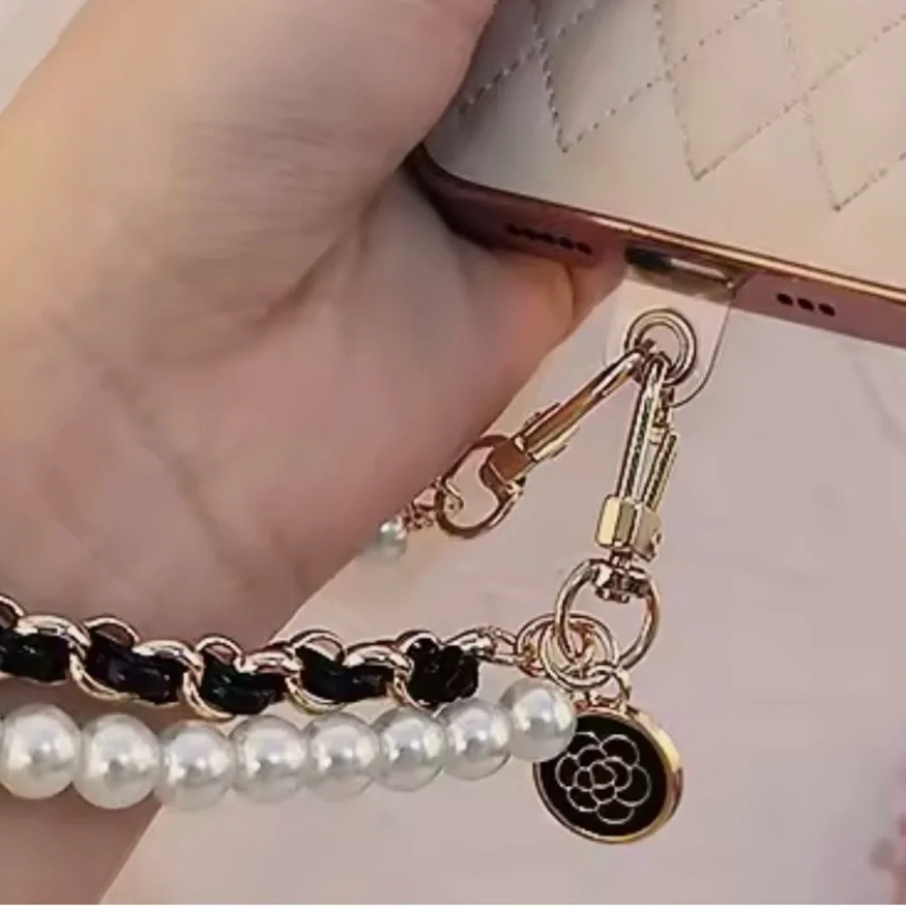 Elegant Pearl and Black Phone Chain‎ Lanyard Bracelet